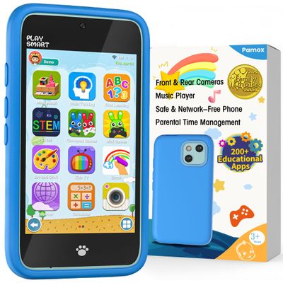PAMOX Kids Toy Phones with Dual Camera, Learning Toys Phones Gifts for Kid 3-12 with 200+ Educational Puzzle Games, 4" Touchscreen Rechargeable Blue Child Smartphones with Parental Control