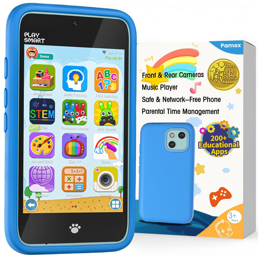 PAMOX Kids Toy Phones with Dual Camera, Learning Toys Phones Gifts for Kid 3-12 with 200+ Educational Puzzle Games, 4" Touchscreen Rechargeable Blue Child Smartphones with Parental Control
