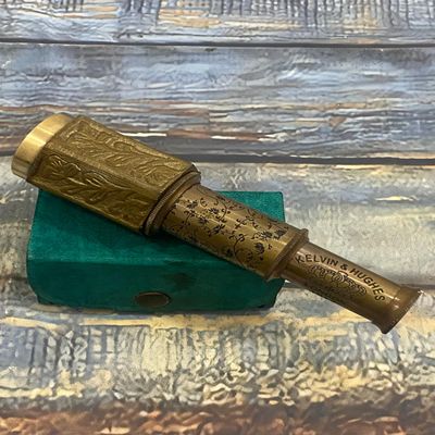 6" Brass Handheld Spyglass Telescope  Vintage Mini Nautical Scope  Engraved Pirate Decor with Handmade Green Leather Storage Box  Antique Maritime Collectible