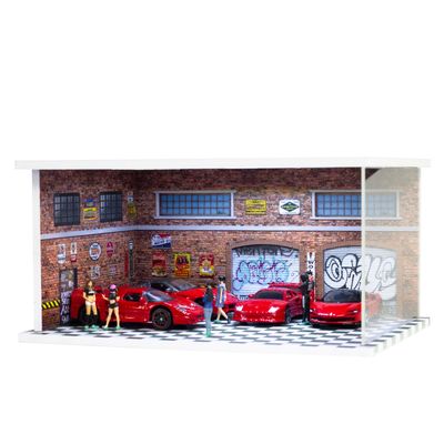 1/64 Scale Cars Display Case for Model Car Display and Storage, Stackable Garage with LED Light and Clear Acrylic Cover for Hot Wheels & Matchbox Dioramas Repair Store (Type C)