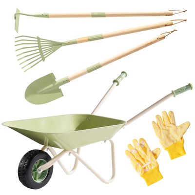 ROBUD Kids Wheelbarrow Set, Green Metal Toddler Wheelbarrow with Shovel, Hoe, Broom & Gloves, Kid Gardening Set for Kid to be Closer to Nature, WRP43