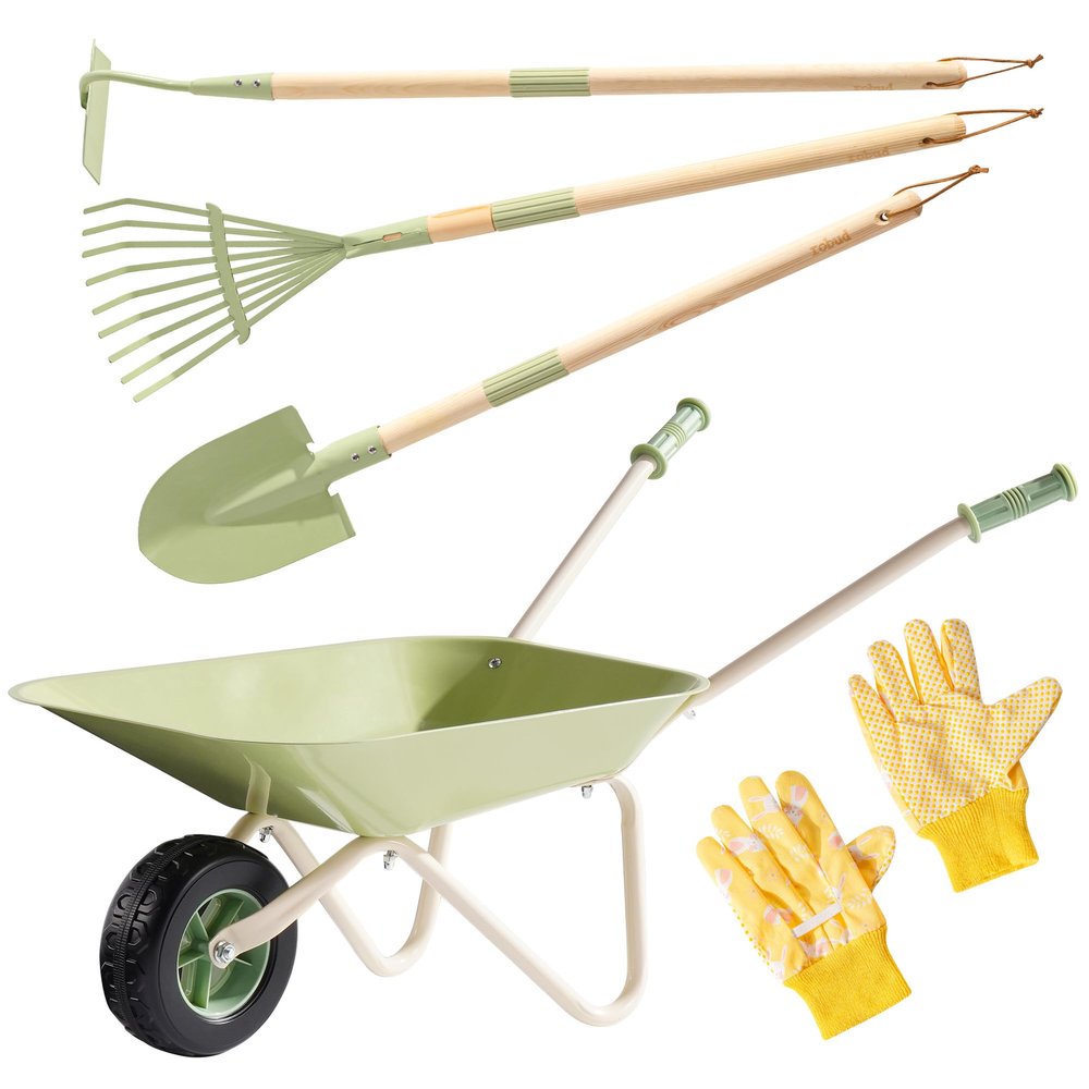 ROBUD Kids Wheelbarrow Set, Green Metal Toddler Wheelbarrow with Shovel, Hoe, Broom & Gloves, Kid Gardening Set for Kid to be Closer to Nature, WRP43