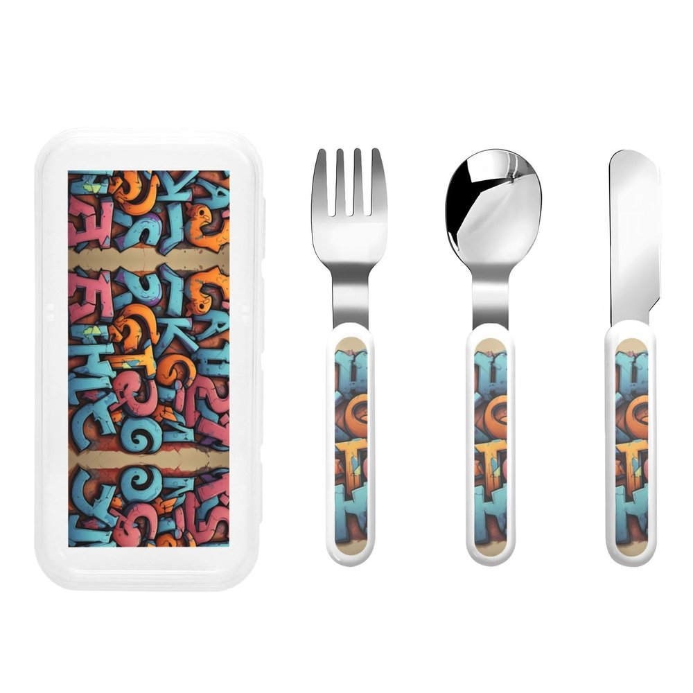 Graffiti letters Patterned portable children's tableware 3-piece set | Reusable knife, fork and spoon set