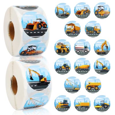 1200pcs Kid Cartoon Truck Car Stickers Roll 1.5in Round Construction Sticker Excavator Vehicle Sticker for Teen Toddler Cartransportation Themed Birthday Party School Kindergarten Reward Giveaways