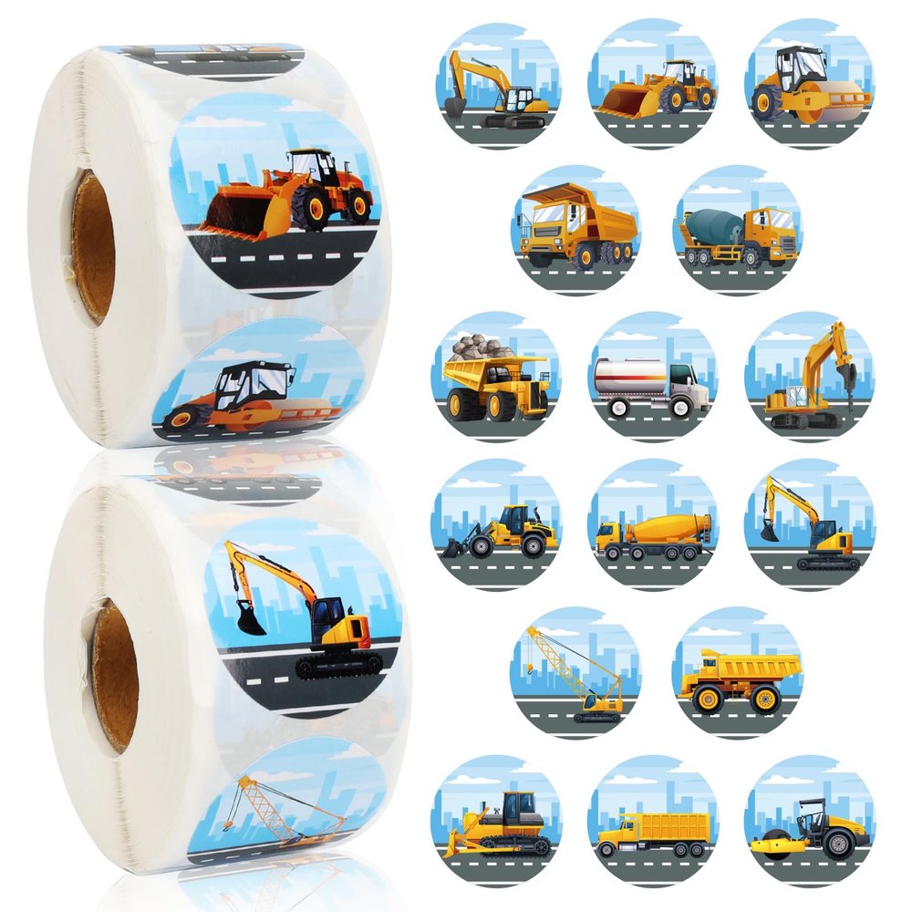 1200pcs Kid Cartoon Truck Car Stickers Roll 1.5in Round Construction Sticker Excavator Vehicle Sticker for Teen Toddler Cartransportation Themed Birthday Party School Kindergarten Reward Giveaways