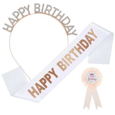 Abeillo Birthday Decorations Set, Happy Birthday Crown Princess Tiara, Sash and Badge Ribbon, Party Headband Hair Accessories(Rose Gold)