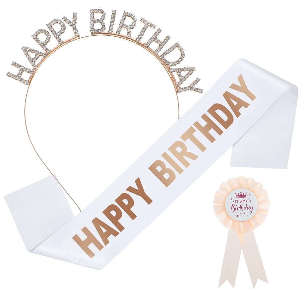 Abeillo Birthday Decorations Set, Happy Birthday Crown Princess Tiara, Sash and Badge Ribbon, Party Headband Hair Accessories(Rose Gold)