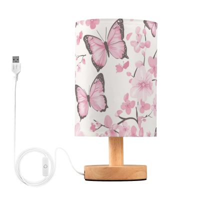 Table Lamp Pink Butterfly Flowers Nightstand lamp Fabric Lamps with Wood Base Fabric Shade Bedside Desk Lamps for Bedroom Living Kids Room Desk Nursery Office Home Decor