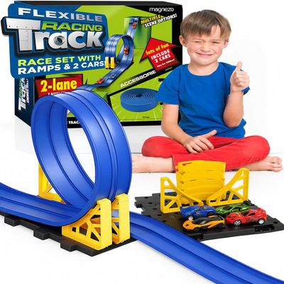 Flexible Race Track for Kids, All-in-One Flex Track Set with Suction Cups, Loop Ramps & 2 Cars  Compatible with Hot Wheels & Matchbox Cars  Blue 16ft Roll Up Car Ramp Toy Track for Kids Ages 3 & Up