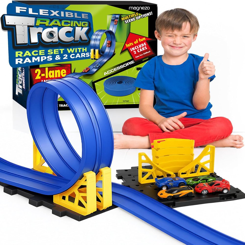 Flexible Race Track for Kids, All-in-One Flex Track Set with Suction Cups, Loop Ramps & 2 Cars  Compatible with Hot Wheels & Matchbox Cars  Blue 16ft Roll Up Car Ramp Toy Track for Kids Ages 3 & Up