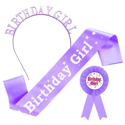 Abeillo Birthday Decorations Set, Happy Birthday Crown Princess Tiara, Sash and Badge Ribbon, Party Headband Hair Accessories(Purple)
