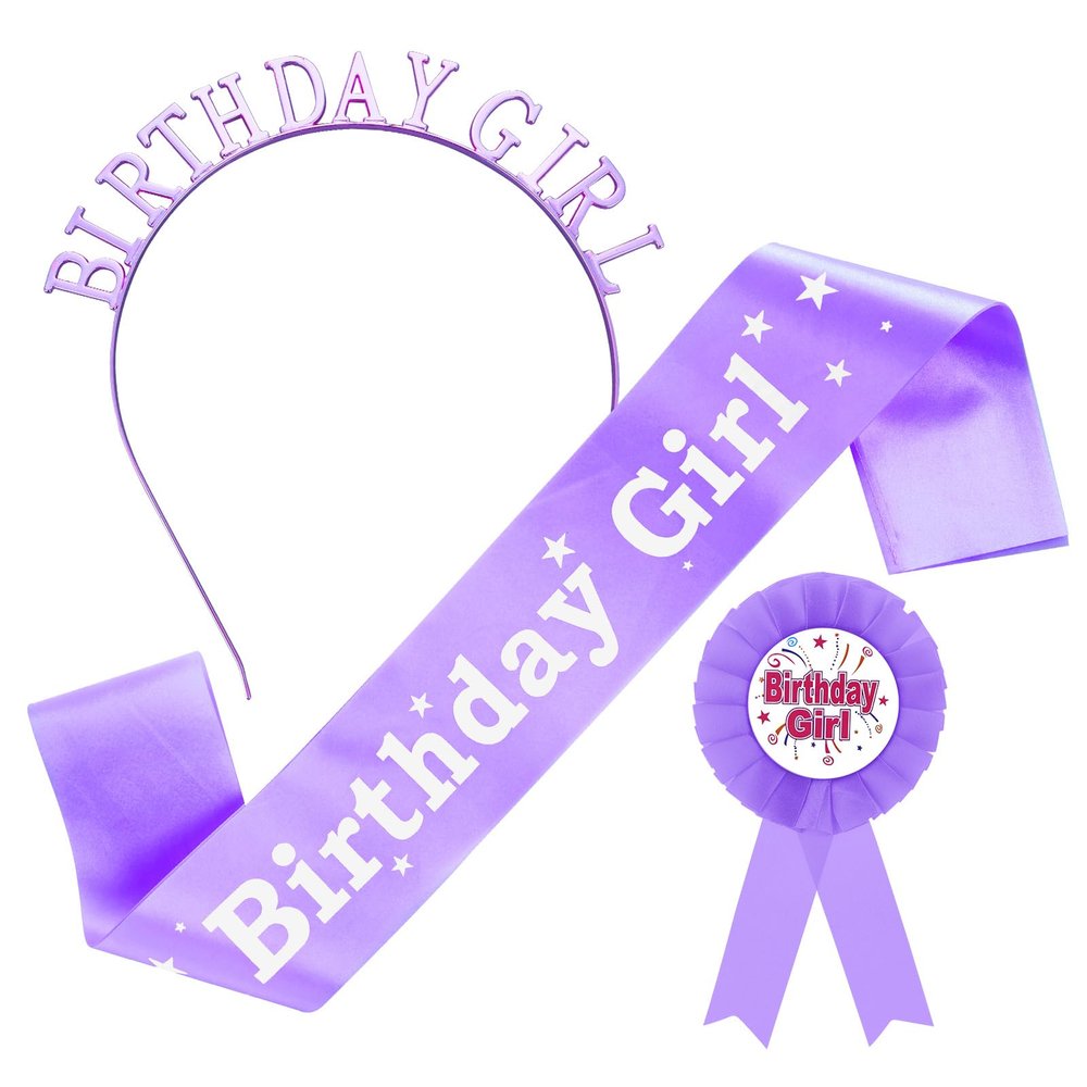 Abeillo Birthday Decorations Set, Happy Birthday Crown Princess Tiara, Sash and Badge Ribbon, Party Headband Hair Accessories(Purple)