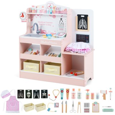 INFANS Kids Doctor Playset, Wooden Pretend Medical Station Activity Center Toy Set with 26 Interactive Veterinarian Accessories, Nurse Uniform X-Ray Film Stethoscope ECG Monitor for Toddler