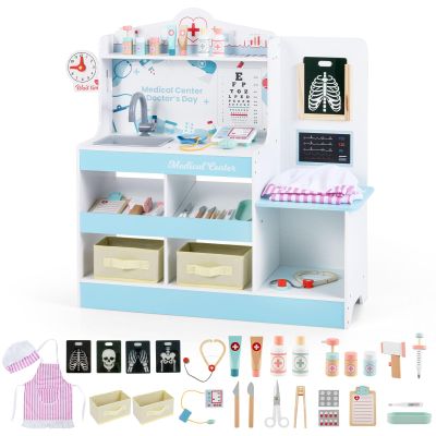 INFANS Kids Doctor Playset, Wooden Pretend Medical Station Activity Center Toy Set with 26 Interactive Veterinarian Accessories, Nurse Uniform X-Ray Film Stethoscope ECG Monitor for Toddler