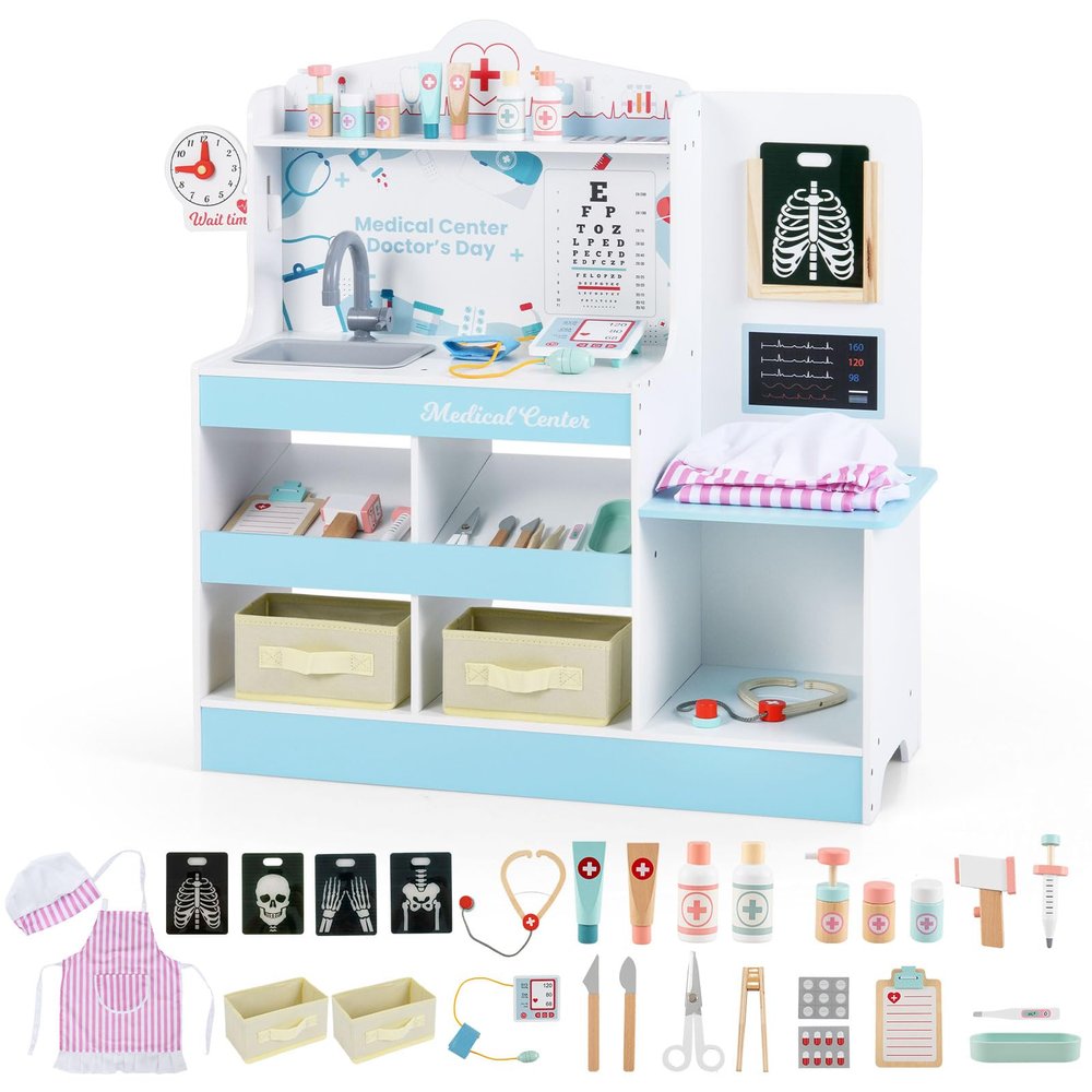 INFANS Kids Doctor Playset, Wooden Pretend Medical Station Activity Center Toy Set with 26 Interactive Veterinarian Accessories, Nurse Uniform X-Ray Film Stethoscope ECG Monitor for Toddler