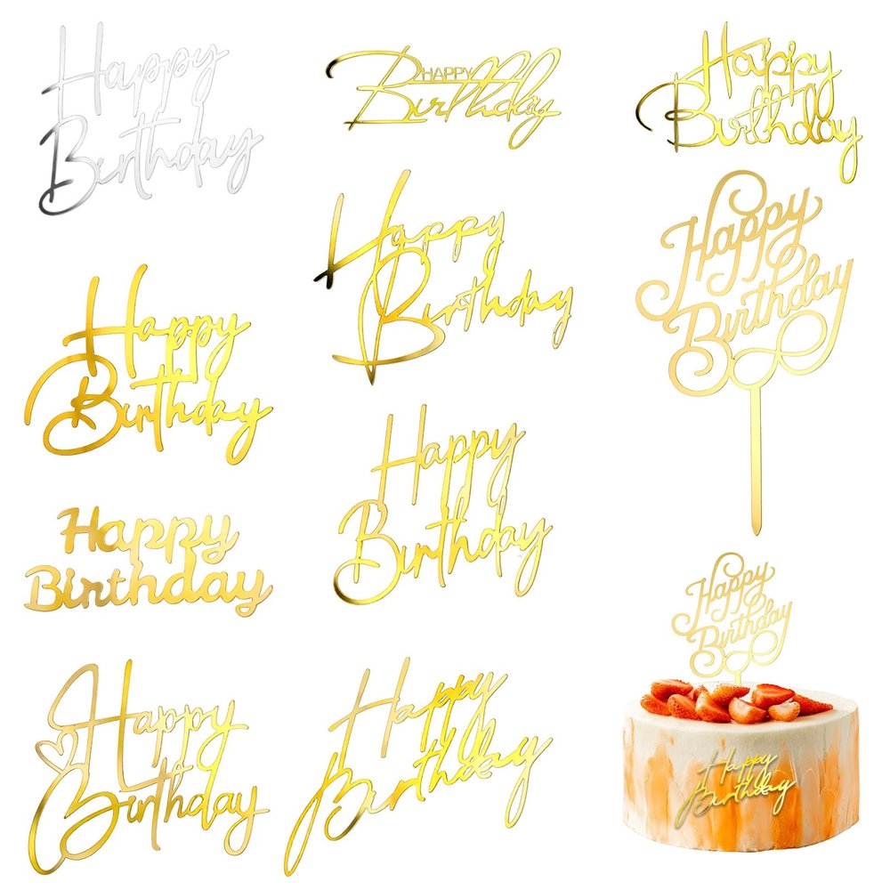 10 PCS Happy Birthday Cake Toppers Mirror Acrylic Cakes Topper Glitter Side Cake Topper Decorations Gold Cakes Inserts Charm Supplies for Anniversary Bridal Shower Birthday Party Supplies
