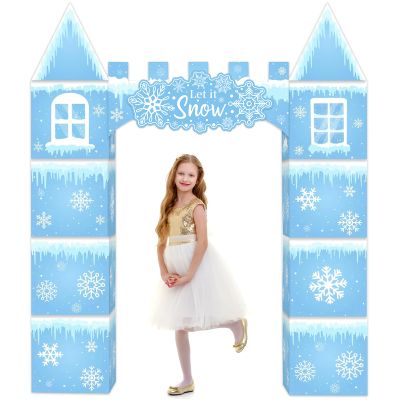 12Pcs Winter Princess Castle Favor Boxes Snowflake Party Playhouse Decorations Winter Snow Themed Princess Party Fort Cardboard Blue Castle Set for Kid Girl Birthday Holiday Indoor Outdoor Decor