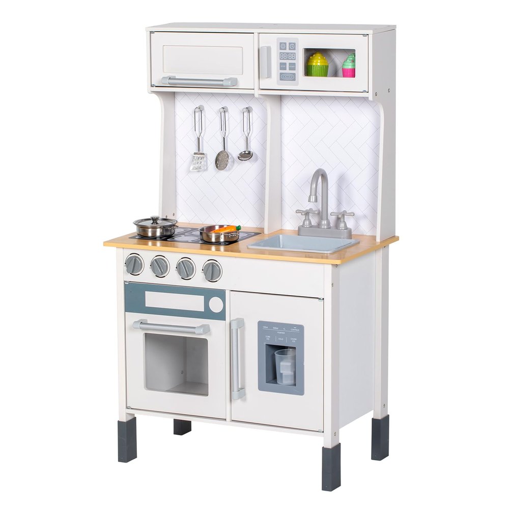 BRINJOY Kids Kitchen Playset, Wooden Pretend Play Kitchen for Kids w/Faucet, Sink, Stove, Oven, Cookware Utensils, Storage Cabinets, Toddler Role Play Toy Kitchen Set Gift for Girls Boys 3+ (White)