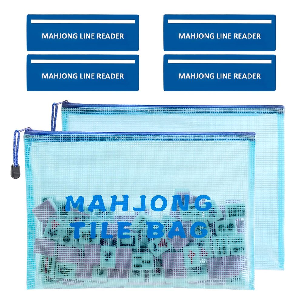 2 Pcs Mahjong Tile Bags & 4 Pcs Mahjong Line Finder, Zippered Storage & Card Guide Readers, American Mahjong Accessories for Beginners, Women & Gifts Tiles Not Included (Blue)