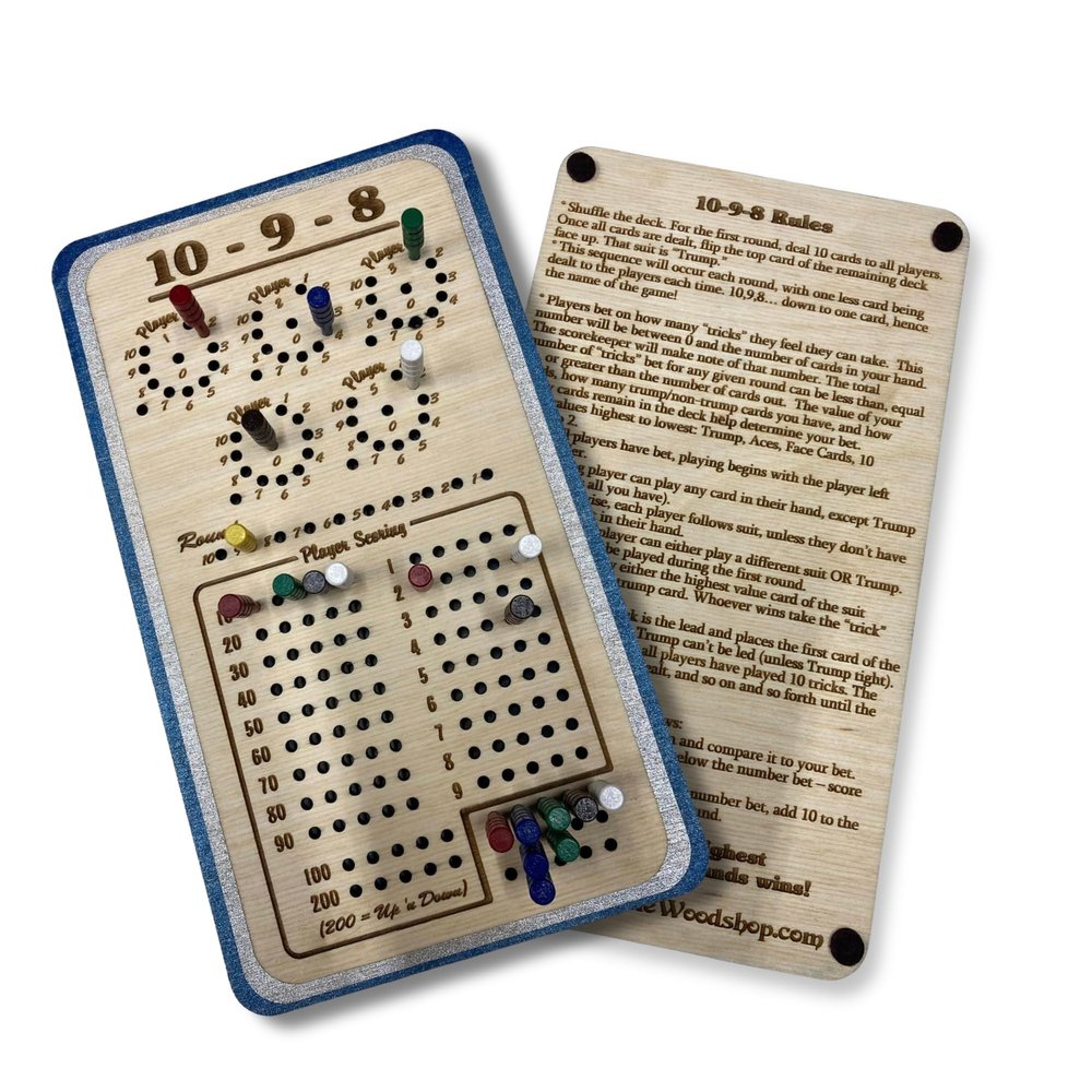 10-9-8 Oh Hell Scoreboard  Handmade 3-Layer Baltic Birch Wooden Score Tracker with Pegs  Tracks 5 Players, Includes Rules Engraved on Back