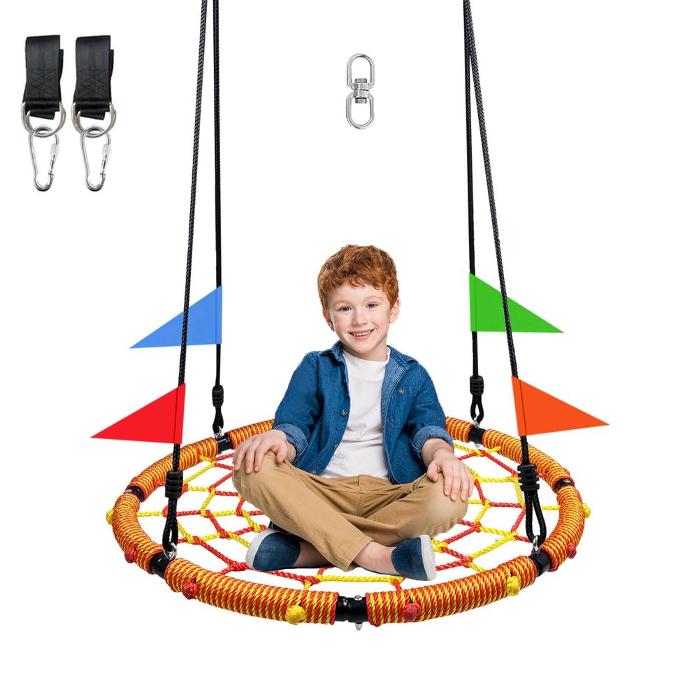 32" Spider Web Swing,Tree Swing for Kids Outdoor,Outdoor Large Web Swings700Lb Weight Capacity, with 71" Detachable Nylon Rope Swivelfor Backyard, Playground (Red-y) (32in)