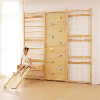 Avenlur Walnut Modular 9-in-1 Swedish Ladder Wall Gym & Climber  Montessori Indoor Playset with Rock Wall, Rope Net, Slide, Swing & Monkey Bars | Kids Climbing Gym for Toddlers & Children