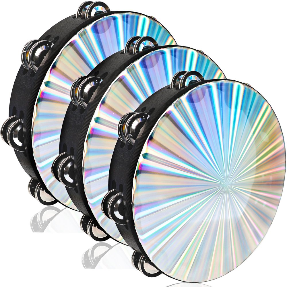 3 Pack Radiant Tambourine 10 Inch Tambourine with Double Row Jingle Bell Reflective Hand Held Drum Percussion for Adult Musical Instrumen Church Wedding Party