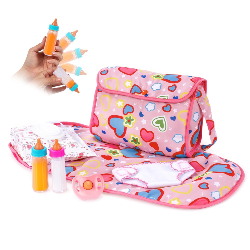 BABESIDE 8 Pcs Baby Diaper Bag Set with Magic Bottles, Baby Doll Accessories Includes Changing Mat, Diaper,Pacifier,Tissue Bag and Bottle with Disappearing Milk for 12-16 inches Dolls