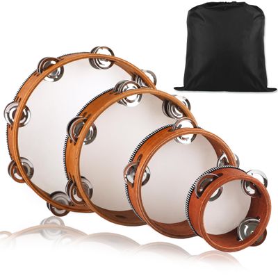 4 Pack Wood Tambourine 4 6 8 10 Inch Tambourine for Adult with Single Double Row Jingle Bell Storage Bag Hand Held Drum Percussion Musical Instrumen for Wedding Church Party