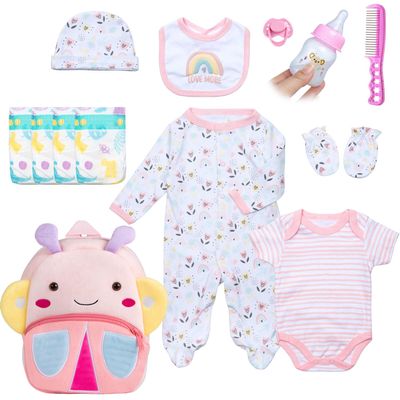 13 Pcs Reborn Baby Dolls Clothes Girl Rainbow and Flowers Outfit Accessories for 17-22 Inch Newborn Baby Doll Girl with Pink Butterfly Backpack