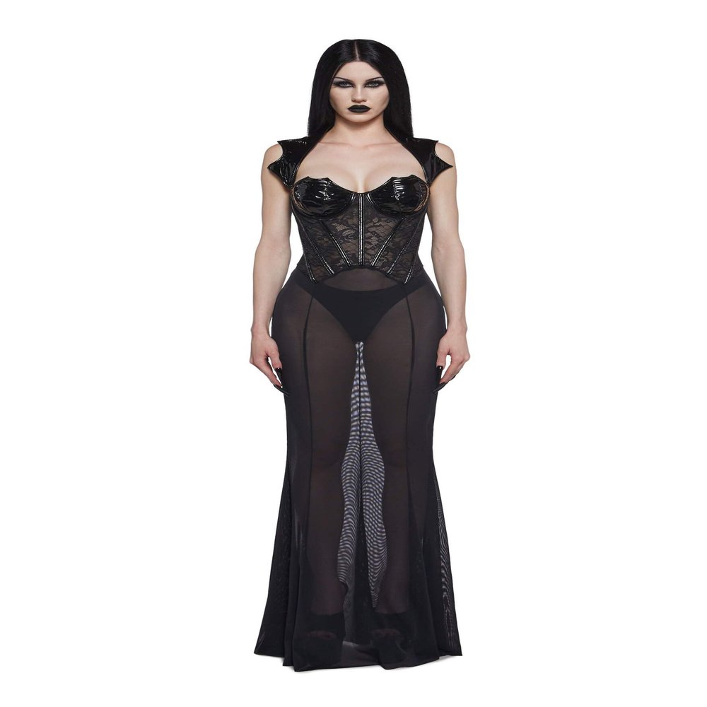 Dolls Kill Vampire Dress by Trickz N Treatz  Womens Black Lace Corset Midi Dress with Vinyl Bust & Mesh Skirt, Black, Small