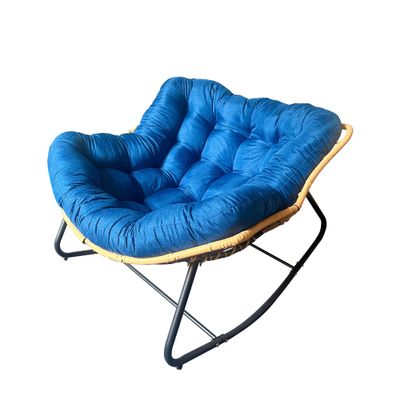 Large Outdoor Rocking Chair for Adults, Modern Patio Egg Rocker, Papasan Chair with Thick Cushion for Porch, Garden, Living Room, Bedroom Indoor Use (Dark+Blue)