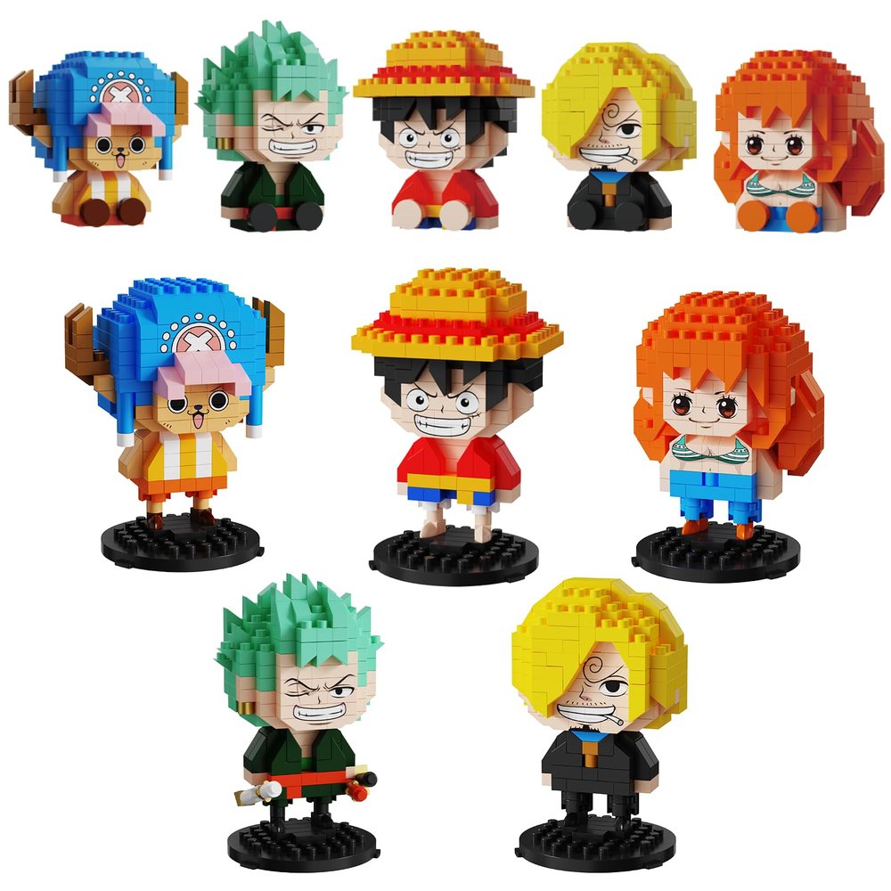 5 Pirate Figures Brick Mini Headz Building Toy, 5 Cute Main Straw Hat Crew Pirate Figures Characters Merch Piece One Micro Blocks Set Ideal Valentine's Day Gift for Fans, Adult, Teen 14+ (1025PCS)