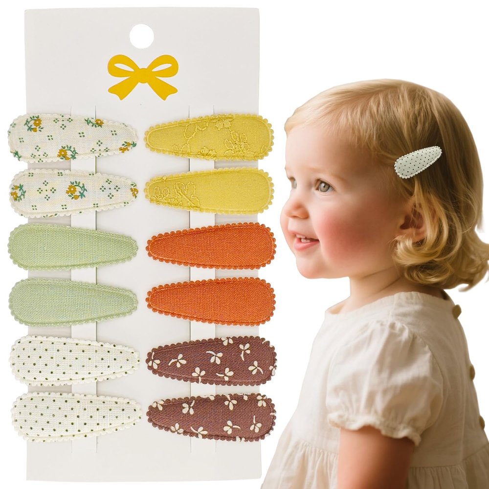 12 Pcs Floral and Solid Baby Hair Clips - 6 Styles Snap Barrettes (2 Each) for Girls & Toddlers, Non-Slip Toddler Hair Clips for Easy Outfit Matching