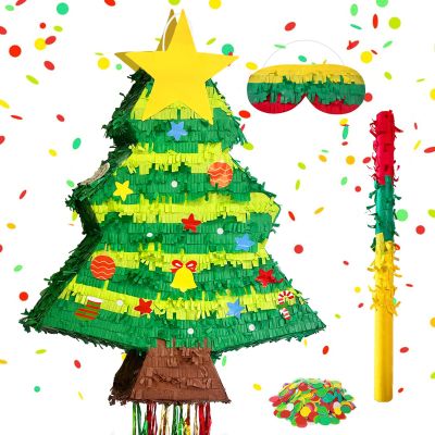 23.6 in Tall Christmas Tree Piata with Hanging Rope,Large Christma Tree Piata with Blindfold and Stick Confetti Christmas Party Decoration for Xmas Party Supplies Home Decorations (A Style)