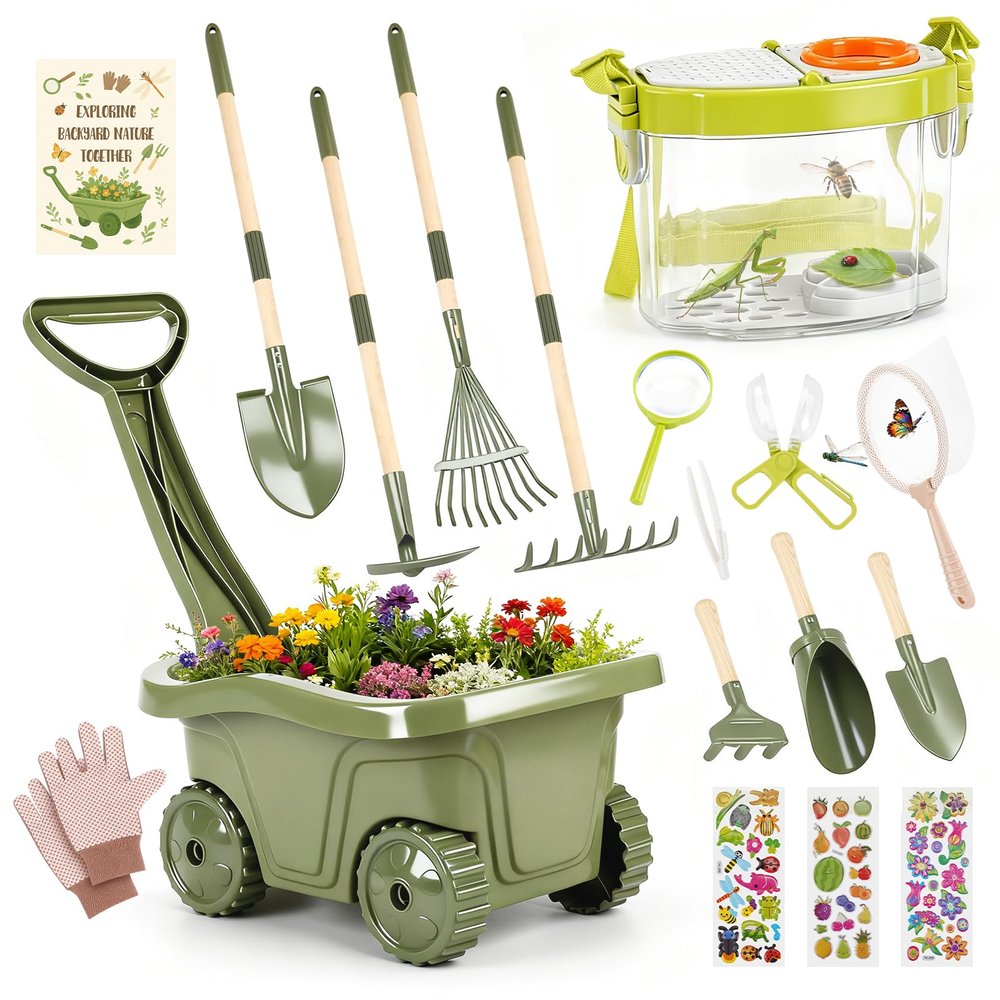 Dreamon Kids Gardening Tools & Bug Catcher Kit, 2-in-1 Outdoor Toys with Wheelbarrow and Bug House, STEM Educational Toys for 3 Year Old, Birthday Gifts Outdoor Gifts for Kids 3-5