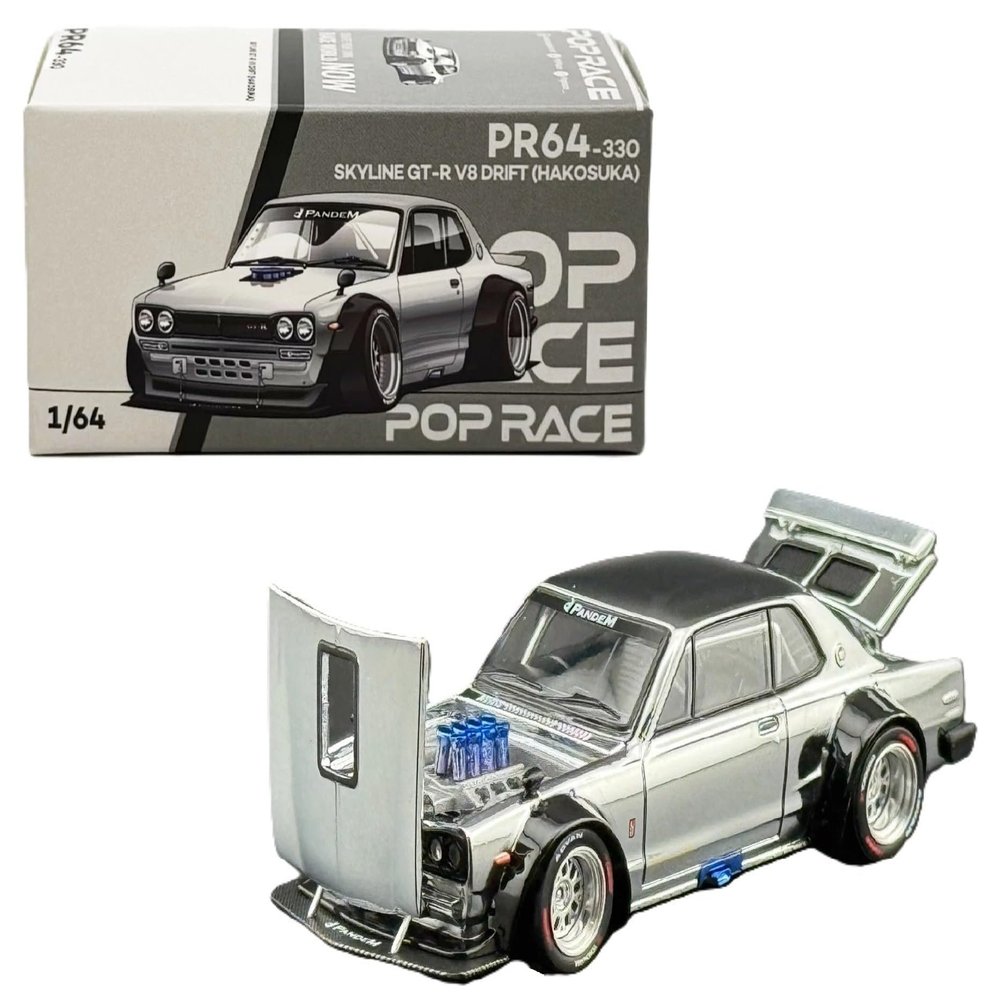1:64 Diecast Model Car Compatible with Nissan Skyline GT-R V8 Drift (Hakosuka) Silver Chrome Hong Kong Toy Car Salon 2025 Limited Edition by Pop Race PR640330