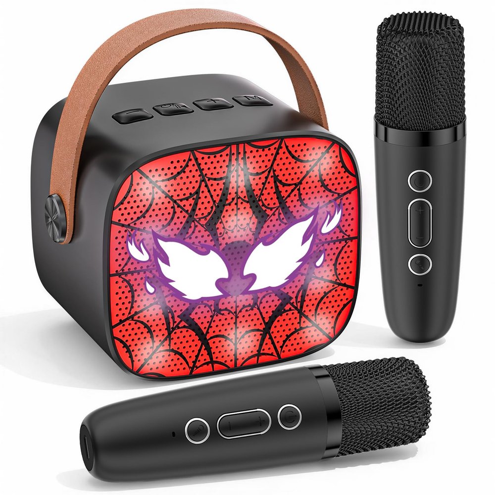 Spider Mini Karaoke Machine for Kids - TOP Karaoke Toys for 3 4 5 6 7 8 9 10 11 12+ Year Old Boys Girls, Portable Bluetooth Speaker with 2 Wireless Microphones, Kids Christmas Birthday Party Gifts(BK)