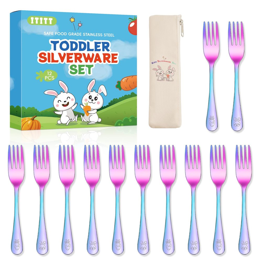 12 Pieces Stainless Steel Rainbow Toddler Forks Set Kids Forks - Food Grade Kids Silverware Set Children Safe Small Forks Mirror Polished Sturdy and Durable Dishwasher Safe