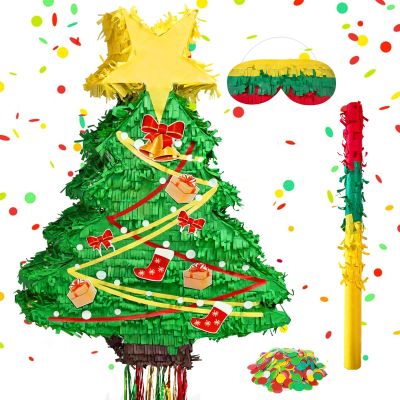 23.6 in Tall Christmas Tree Piata with Hanging Rope,Large Christma Tree Piata with Blindfold and Stick Confetti Christmas Party Decoration for Xmas Party Supplies Home Decorations (B Style)