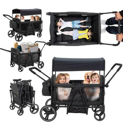 Voupou Luxury 4 Seater Wagon Stroller All-Terrain Baby Tandem for 2 3 4 Kids Push&Pull Foldable Wagon with 5-Point Harness,Adjustable Canopy,Snack Tray for Toddlers Beach,Park & Outdoor Adventures