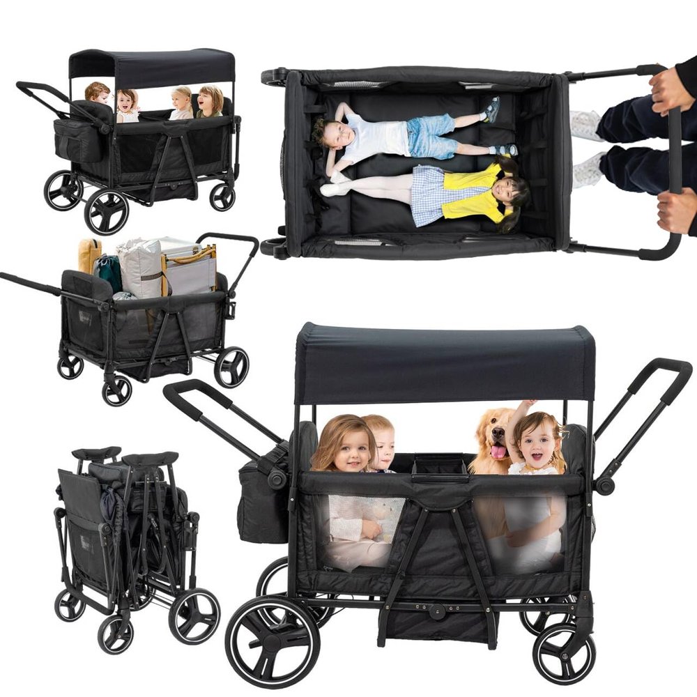 Voupou Luxury 4 Seater Wagon Stroller All-Terrain Baby Tandem for 2 3 4 Kids Push&Pull Foldable Wagon with 5-Point Harness,Adjustable Canopy,Snack Tray for Toddlers Beach,Park & Outdoor Adventures