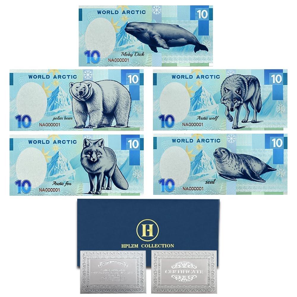 5pc/Set Arctic World Animal Silvery Banknotes Arctic Wolves, Polar Bears, Seals, Arctic Foxes Blue Whales Plastic Money with UV Gift