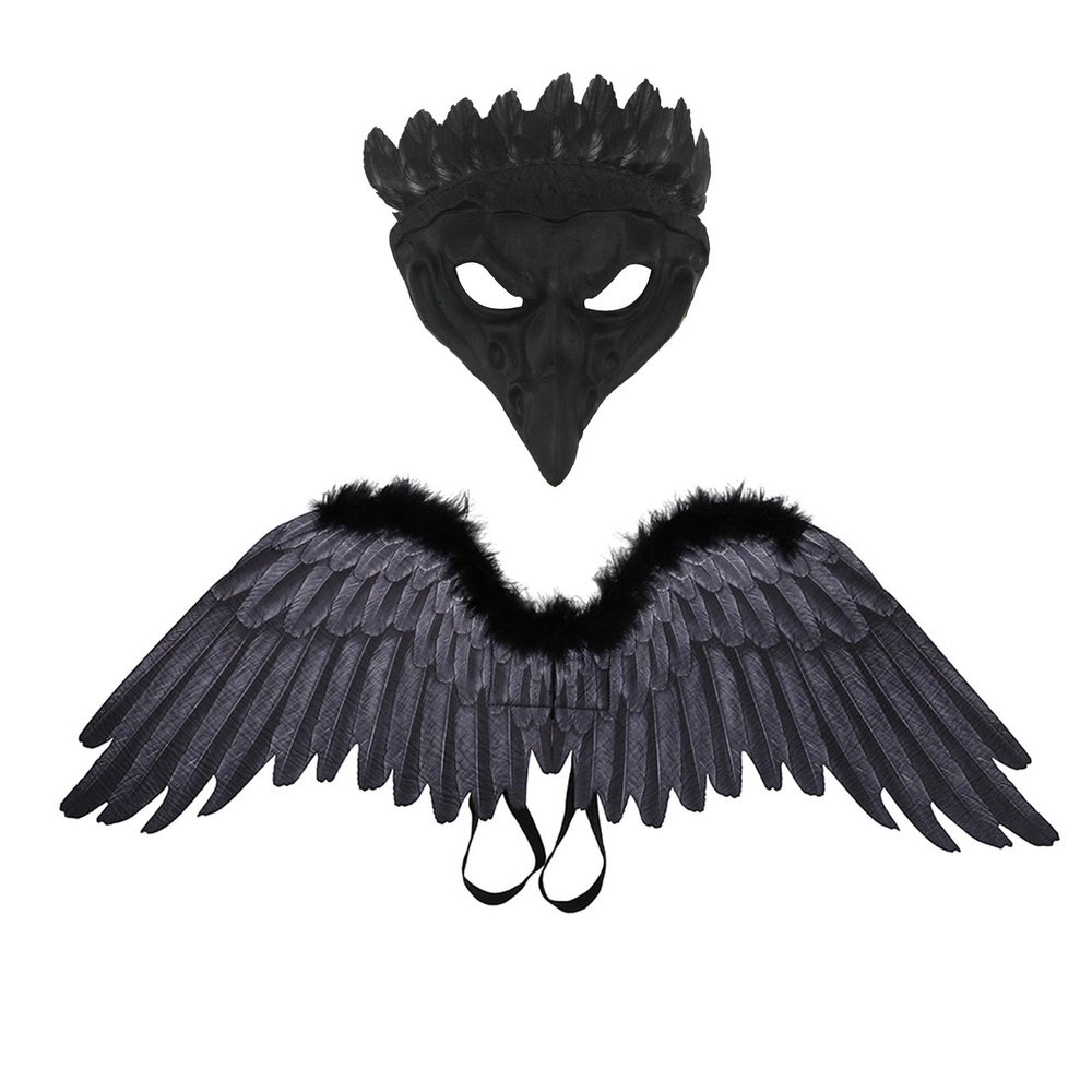 2 Pcs Crow Mask Wing Cosplay Set,Realistic Halloween Bird Costume for Role-Play Party,Christmas,Masquerad,Black Raven Eyes Masks Outfit