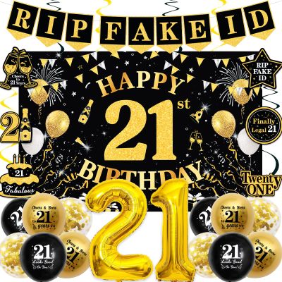 21st Birthday Decorations for Boys Girls, Black Gold Happy 21st Birthday Party Decorations, RIP Fake ID Banner, Gold Foil Balloons 21, Backdrop, Balloons, Hanging Swirls, BIrthday Cards Set 40pcs