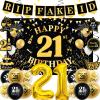 21st Birthday Decorations for Boys Girls, Black Gold Happy 21st Birthday Party Decorations, RIP Fake ID Banner, Gold Foil Balloons 21, Backdrop, Balloons, Hanging Swirls, BIrthday Cards Set 40pcs view 1