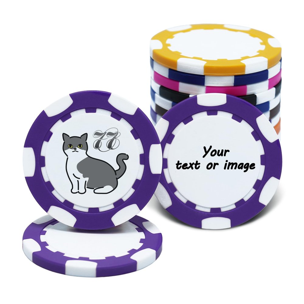 30-300 PCS Personalized Casino Chips with Logo,Text & Design 13 Grams Casino Grade Custom Clay Poker Chips Customizable Golf Ball Marker Custom Tokens for Halloween Poker chips(C,40MM) (Purple)
