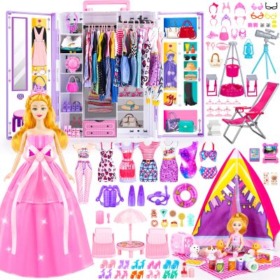 164 Pcs Doll Closet with 11.5 Inch Doll Clothes and Accessories Set, Camping Set, Princess Dresses, Camping Tent, Beach Swim Accessories Set, Diving Suit, Dress Up Toys for Girls Gift