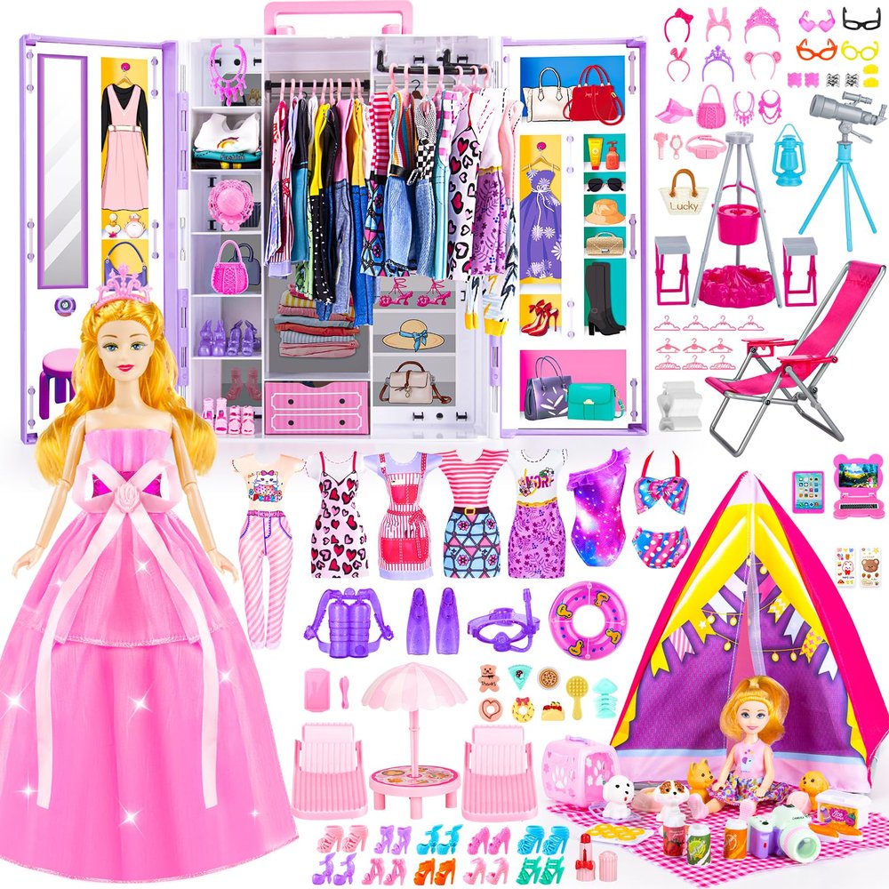 164 Pcs Doll Closet with 11.5 Inch Doll Clothes and Accessories Set, Camping Set, Princess Dresses, Camping Tent, Beach Swim Accessories Set, Diving Suit, Dress Up Toys for Girls Gift
