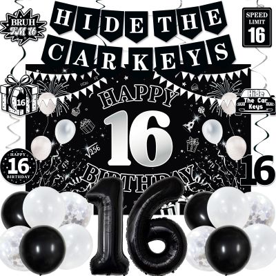 16th Birthday Decorations for Boys Girls, Black White Happy 16th Birthday Party Decorations, Happy 16th Birthday Backdrop, Foil Balloons 16, Banner, Balloons, Hanging Swirls, Birthday Cards Set 45pcs
